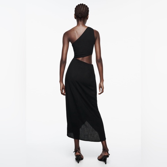 ZARA NWT Women’s Black Asymmetric MIDI Cut Out Dress Gold Applique Size Small - Picture 4 of 9